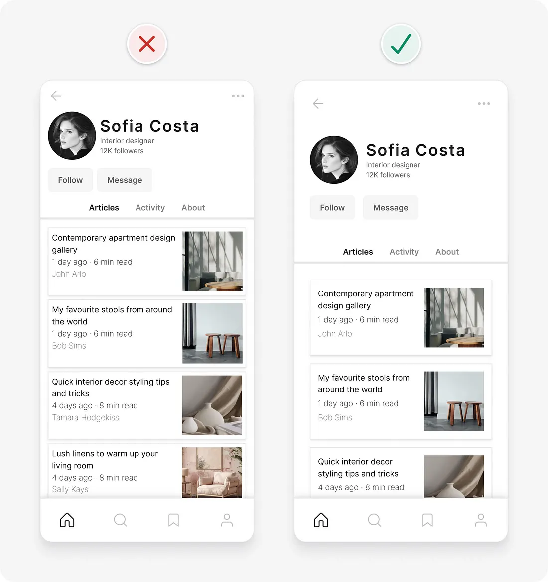 Dicas de UI para interfaces mais eficientes: antes e depois de usar escala de 8 pontos para espaçamento.