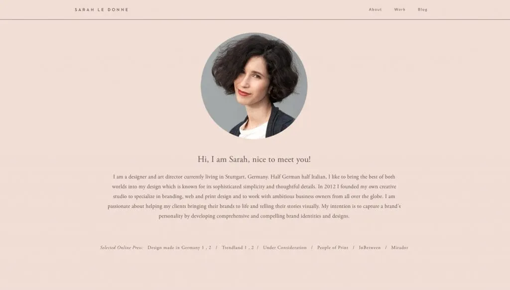 Página Sobre do portfolio de Sarah Le Donne