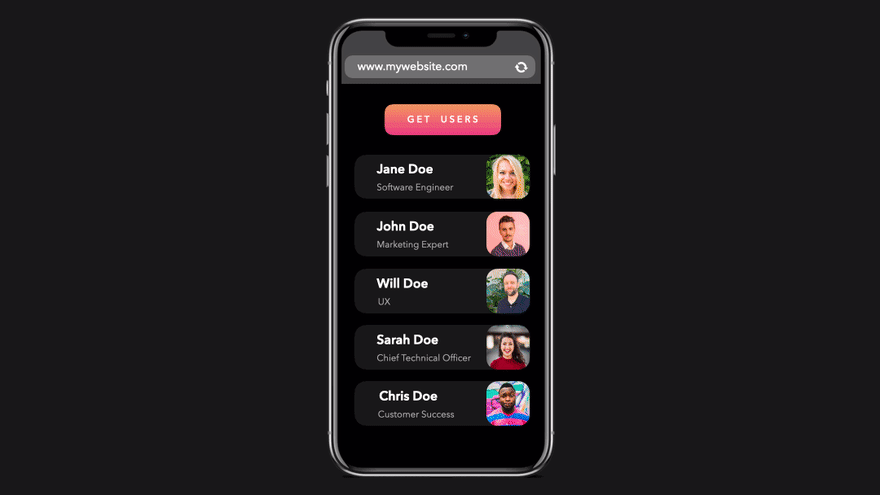 Animação mostrando uma requisição de dados em outro domínio que ocasionou um erro de CORS.