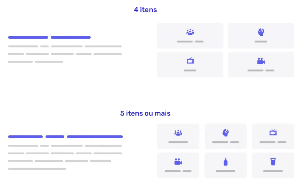 Comparativo de layouts: com 4 itens e com 5 itens ou mais.