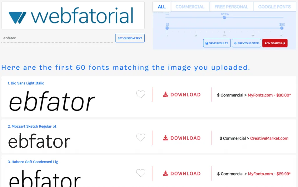 Identificador de fonte: resultado de identificação de fontes no Font Finder.