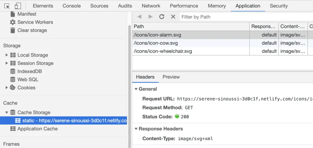 SVG inline com cache: DevTools mostrando recurso.