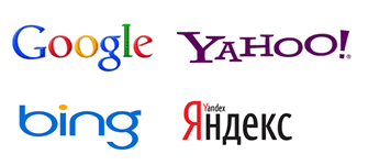 Logos de empresas que ratificam o schema.org: Google, Yahoo, Bing, Yandex.