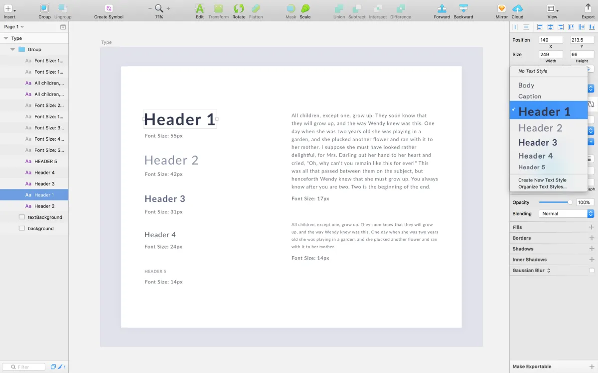 Processo para escolher fontes: screenshot de uma tela do programa Sketch com um style guide de fontes