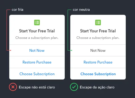 Comparativo de labels de escape: uma cor fria passa um indicativo diferente de uma cor neutra.